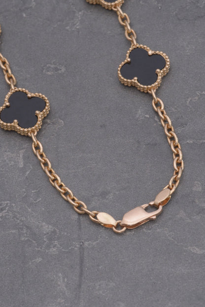 Cadena lucky clover piedra negra 43.35gr / Largo 70cm / Oro Rosado Nac M