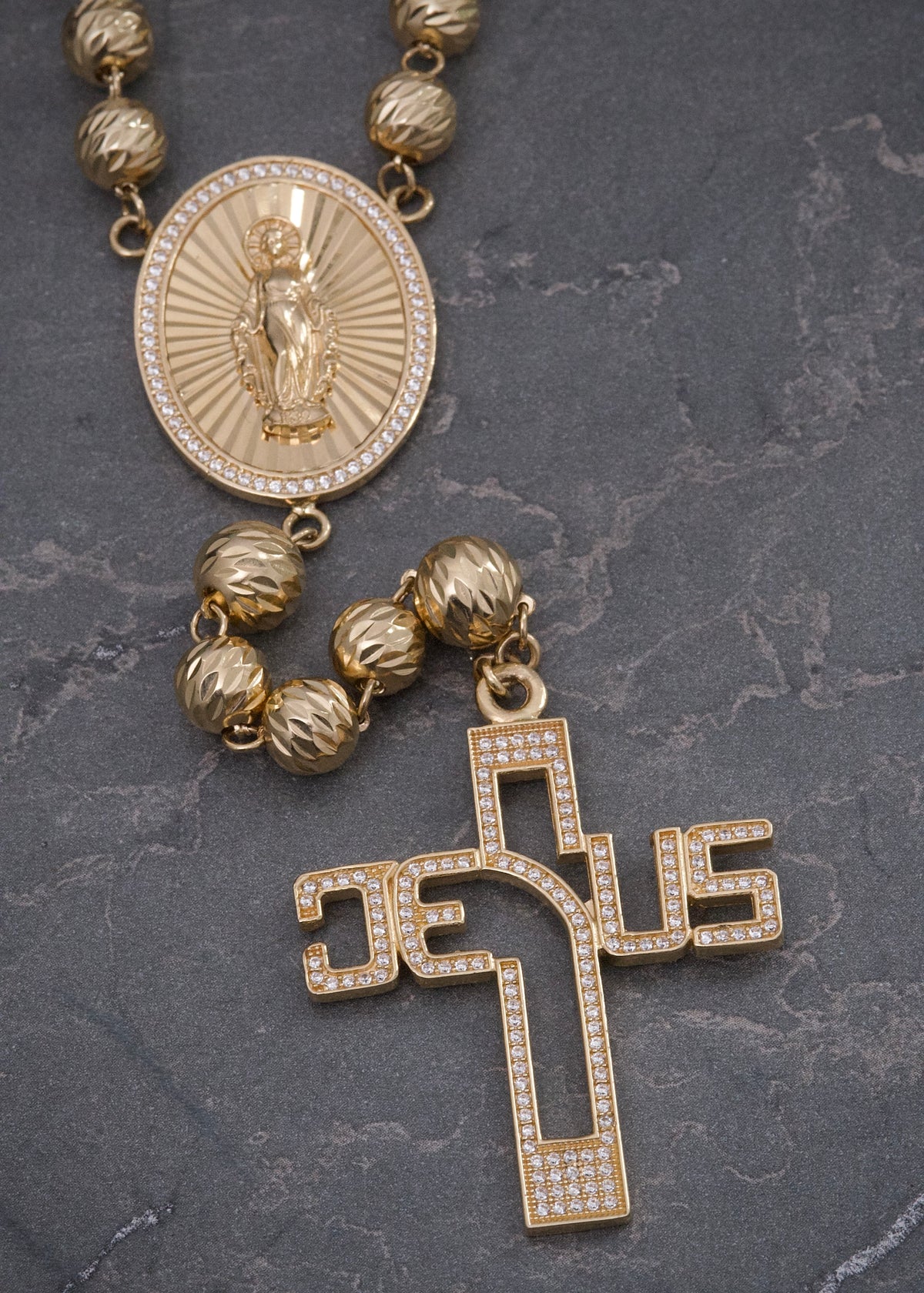 Rosario Diamantado Virgen de la Milagrosa 39.95gr / 70cm / 7mm — Oro Amarillo