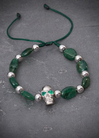 Pulsera en hilo verde con herraje calavera 4.9gr / Oro Blanco (Joya) M