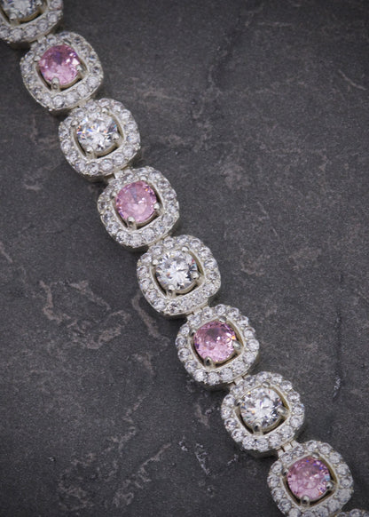 Pulso tenis con swarovski rosado y blanco 22.2gr / Largo 18cm / Plata M