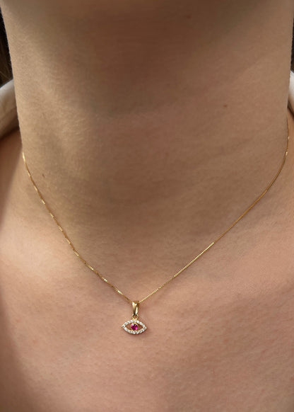 Dije ojo turco con swarovski fucsia y blanco 0.6gr / Largo 1.2cm / Oro Amarillo Nac*