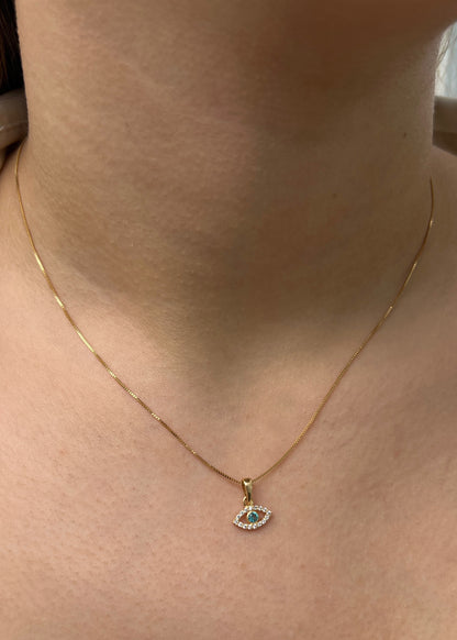 Dije ojo turco con swarovski azul y blanco 0.6gr / Largo 1.3cm / Oro Amarillo Nac*