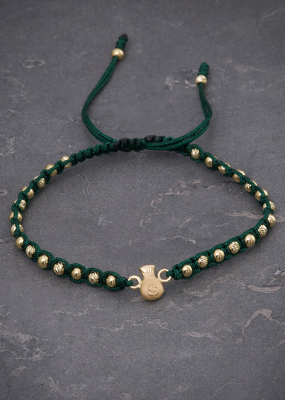 Pulsera en hilo verde con herraje bolsa de dinero 1.61gr / Oro Amarillo (Joya) M