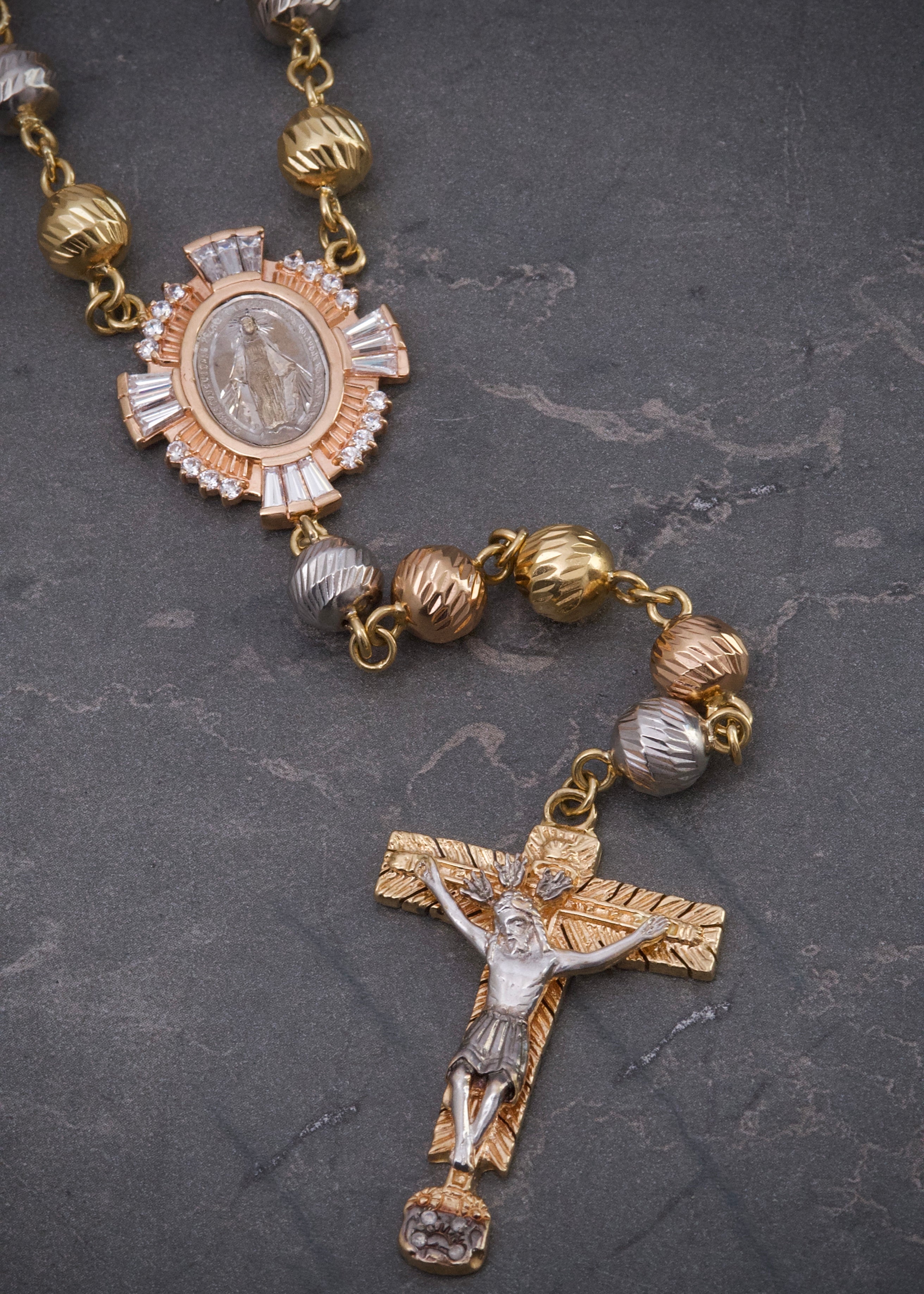 Rosario virgen de la milagrosa diamantado 114.3gr / Largo 90cm / Tres Oros Nac M