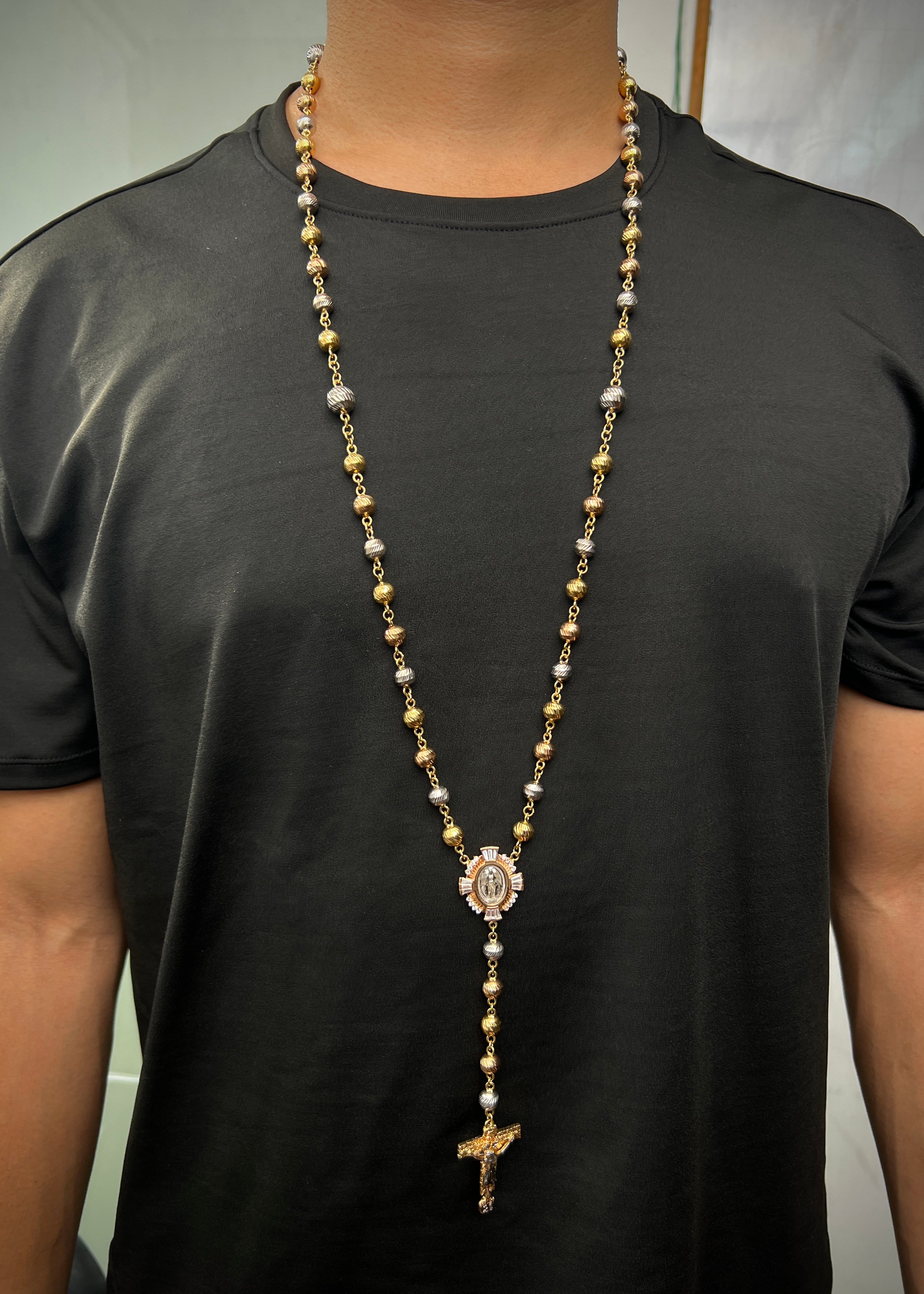 Rosario virgen de la milagrosa diamantado 114.3gr / Largo 90cm / Tres Oros Nac M