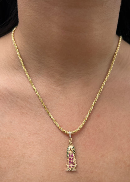 Dije Virgen de Guadalupe con Swarovski Verde y Fucsia 3.3gr / 3.4cm / 1mm — Oro Amarillo