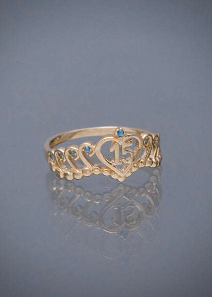 Anillo Corona 15S con Swarovski Azul 2.7gr / Talla 7 1/2 — Oro Amarillo