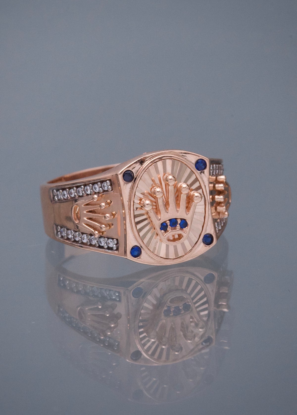 Anillo Rx con Swarovski Azul 5.9gr / Talla 9 3/4 — Oro Rosado