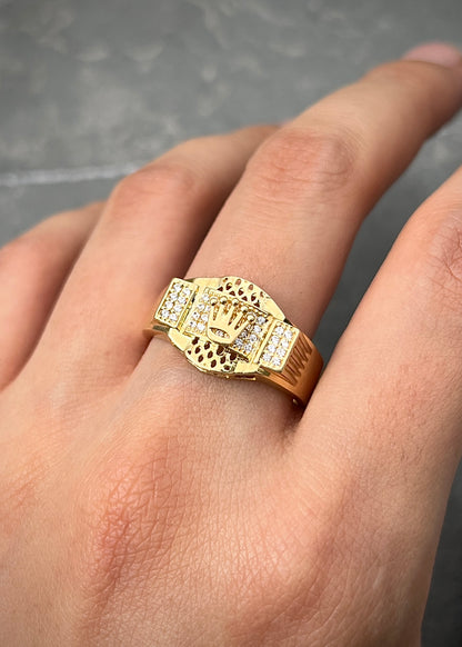 Anillo Rx con Swarovski Blanco 5.8gr / Talla 10 — Oro Amarillo