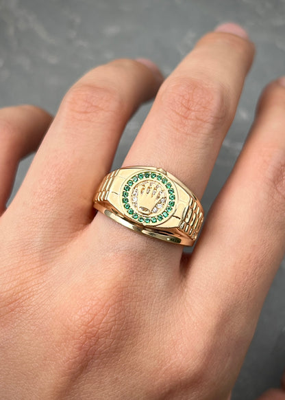 Anillo Rx con Swarovski Verde 5.25gr / Talla 10 — Oro Amarillo