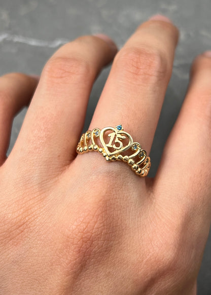 Anillo Corona 15S con Swarovski Azul 2.7gr / Talla 7 1/2 — Oro Amarillo