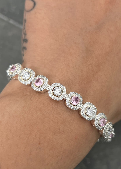 Pulso tenis con swarovski rosado y blanco 22.2gr / Largo 18cm / Plata M