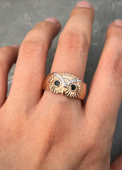 Anillo Buho con Swarovski Negro 4.8gr / Talla 11 — Oro Rosado