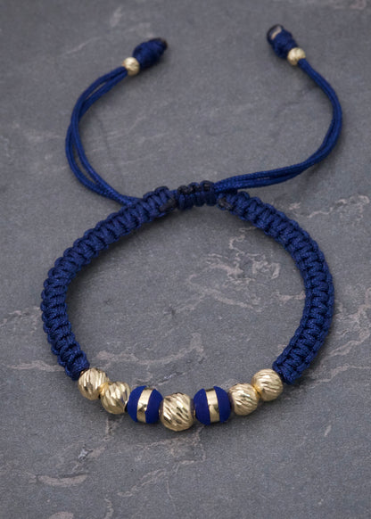 Pulsera en Hilo Azul con Bolas Diamantadas y Neoros 0.8gr — Oro Amarillo