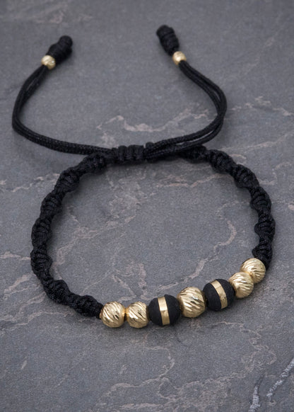 Pulsera en Hilo Negro con Bolas Diamantadas y Neoros 0.8gr — Oro Amarillo