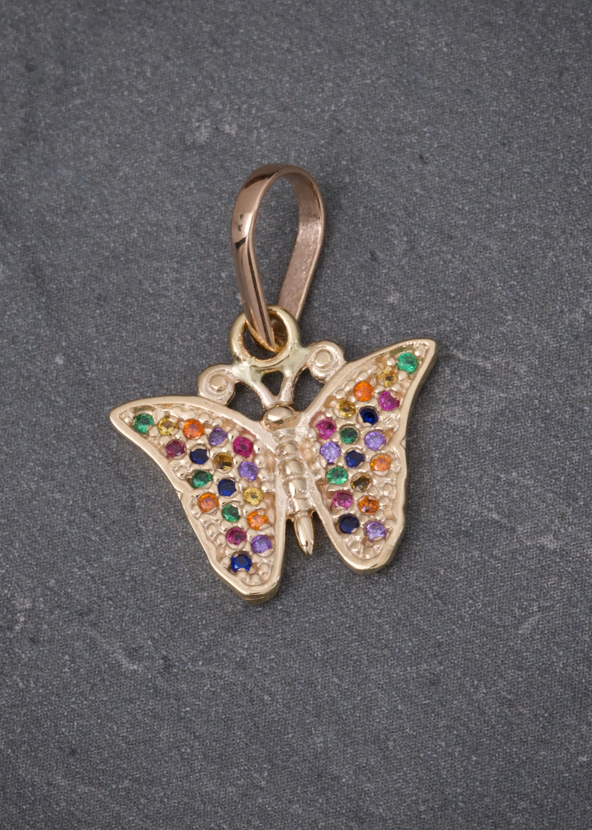 Dije mariposa con swarovski multicolor 1.9gr / Largo 2cm / Oro Amarillo Nac B