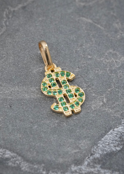 Dije Signo Peso con Swarovski Verde 0.7gr / 1.7cm / 7.7mm — Oro Amarillo