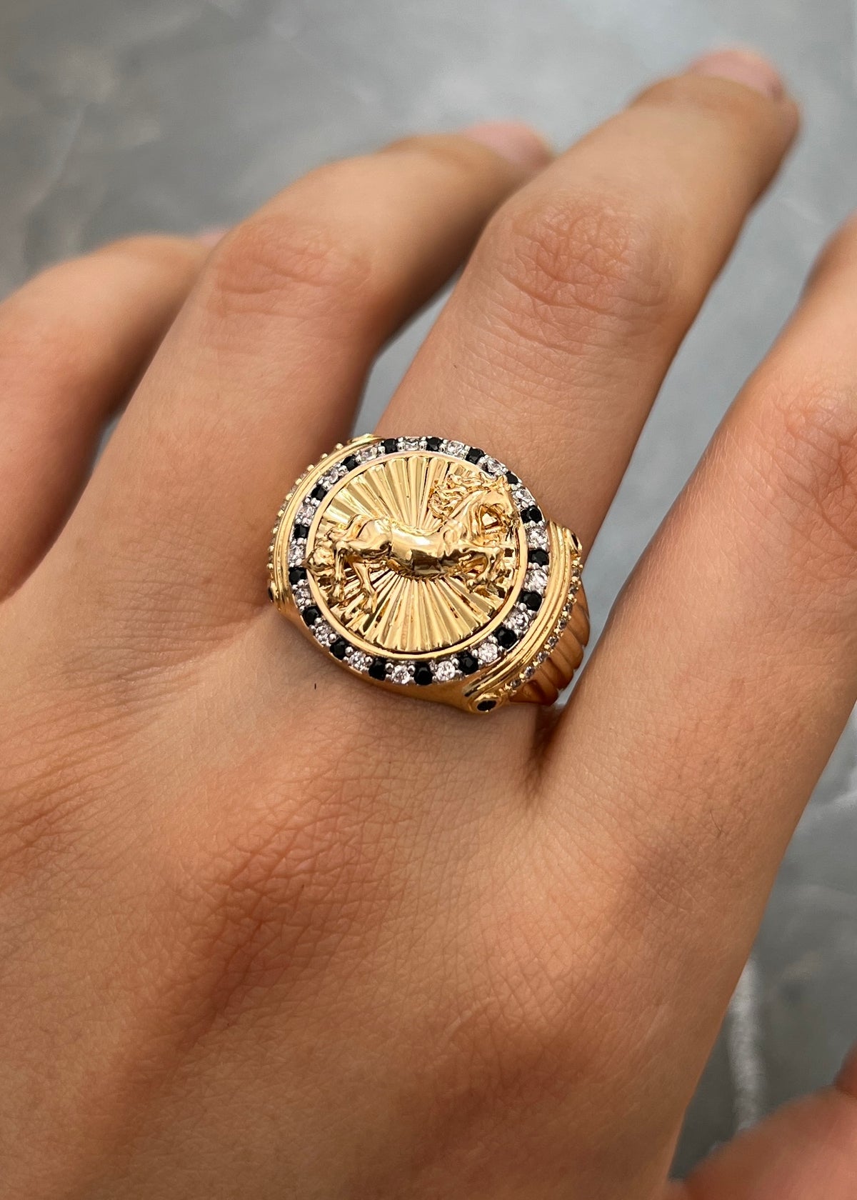 Anillo Caballo con Swarovski Blanco y Negro 7.8gr / Talla 9 1/2 — Oro Amarillo