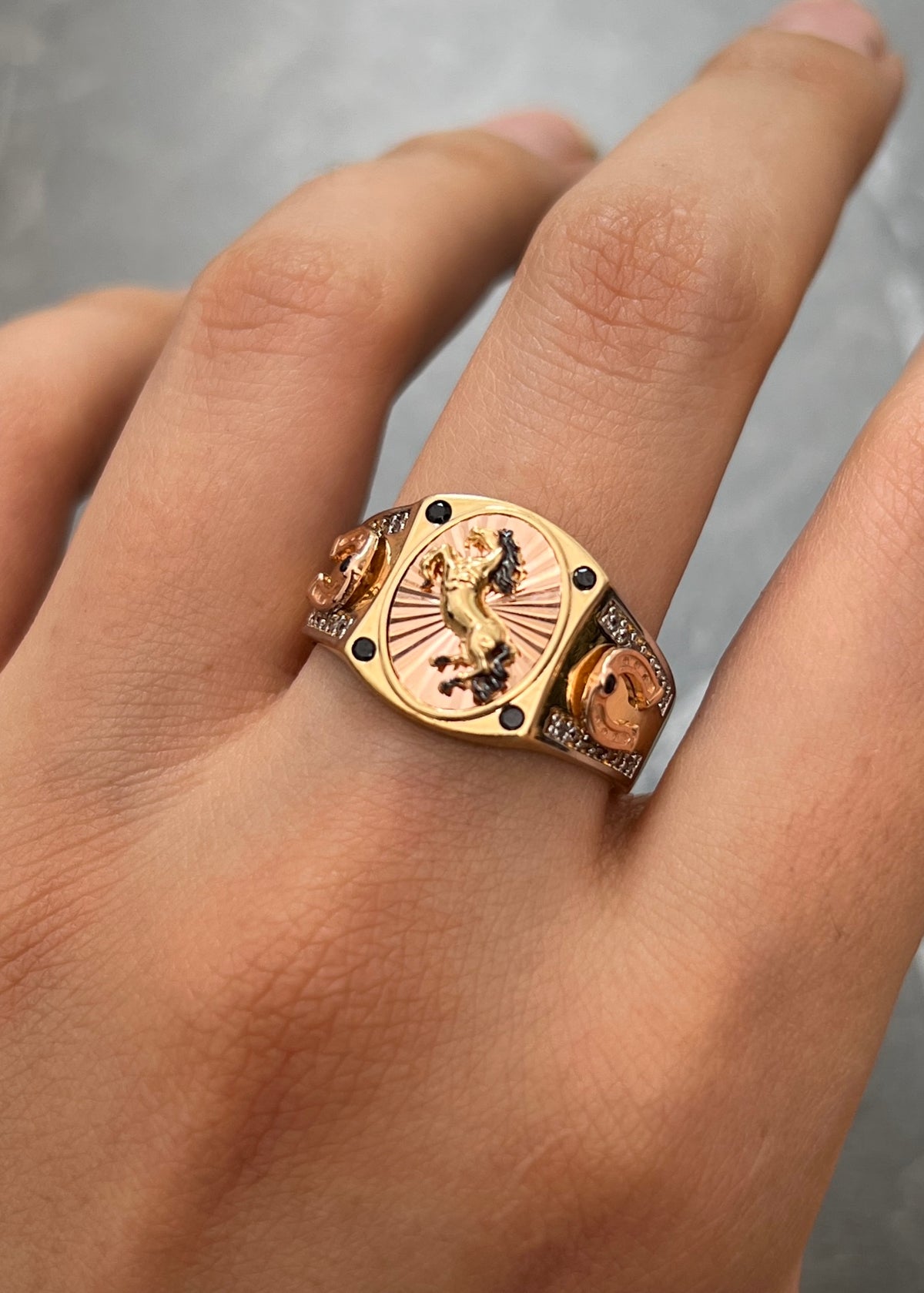 Anillo Caballo con Swarovski Blanco y Negro 5.95gr / Talla 9 3/4 — Dos Oros