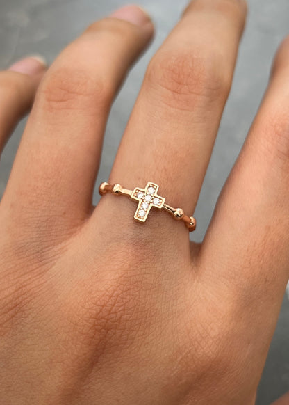 Anillo Cruz con Swarovski Blanco 1.65gr / Talla 6 1/4 — Oro Rosado