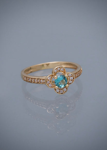 Anillo Flor con Swarovski Azul y Blanco 2.7gr / Talla 6 3/4 — Oro Amarillo