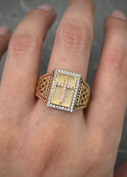 Anillo cruz con swarovski 7.55gr / TALLA 9 1/4 / Oro Amarillo Nac M