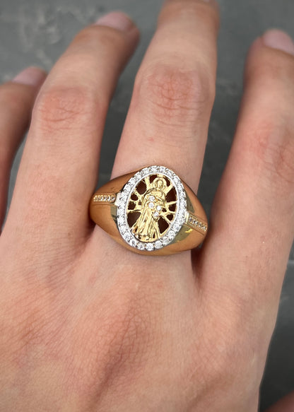 Anillo san benito con swarovski blanco 8.6gr / TALLA 10 1/2 / Oro Amarillo Nac M