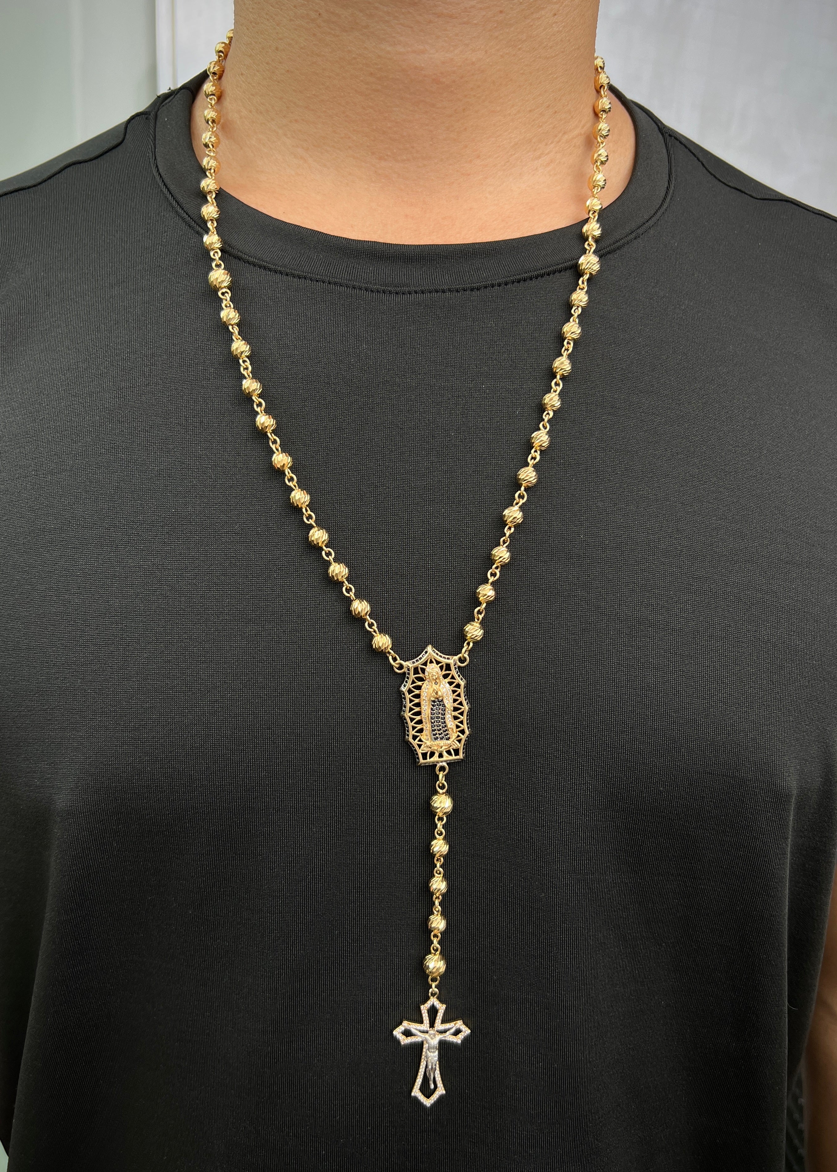 Rosario virgen de guadalupe con swarovski blanco y negro 40.25gr / Largo 60cm / Oro Amarillo Nac M