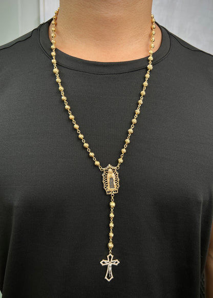 Rosario virgen de guadalupe con swarovski blanco y negro 40.25gr / Largo 60cm / Oro Amarillo Nac M