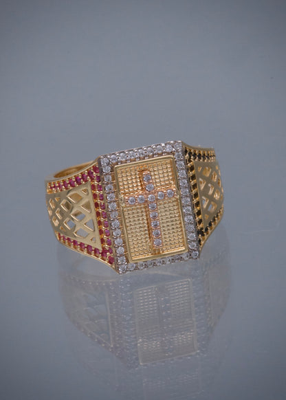 Anillo cruz con swarovski 7.55gr / TALLA 9 1/4 / Oro Amarillo Nac M