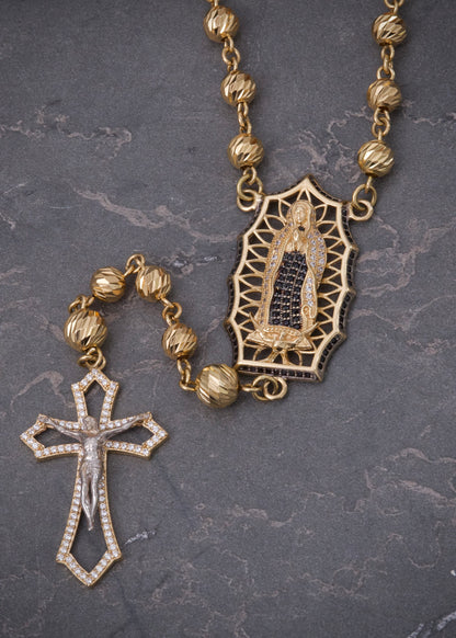 Rosario virgen de guadalupe con swarovski blanco y negro 40.25gr / Largo 60cm / Oro Amarillo Nac M