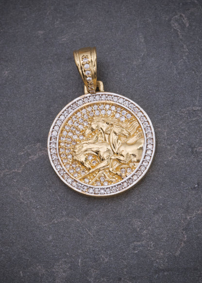 Dije placa de caballo con swarovski blanco 6gr / Largo 3cm / Oro Amarillo Nac M