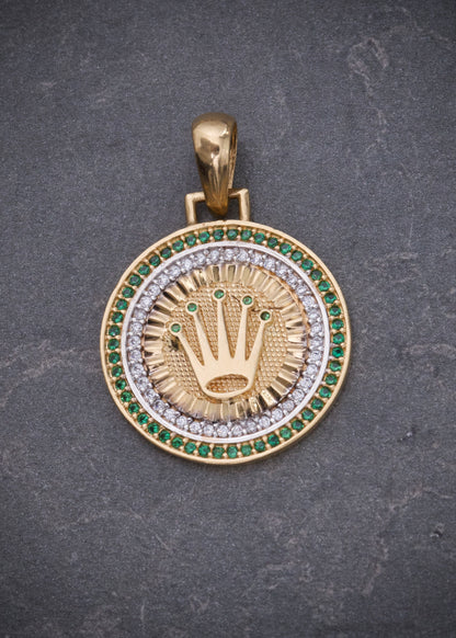 Dije medalla rx con swarovski blanco y verde 4.2gr / Largo 3cm / Oro Amarillo Nac M