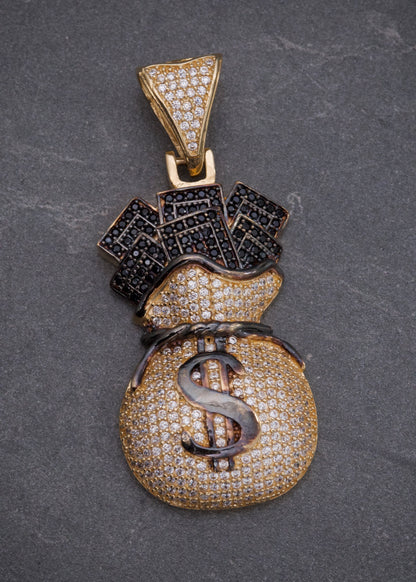 Dije Bolsa de Dinero con Swarovski Negro y Blanco 13.85gr / 5cm / 21mm — Oro Amarillo