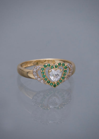Anillo Corazon con Swarovski Verde y Blanco 2.05gr / Talla 6 1/4 — Oro Amarillo
