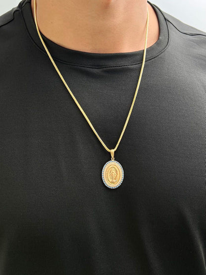 Dije virgen de la milagrosa con swarovski azul y blanco 6.65gr / Largo 3.9cm / Oro Amarillo Nac P