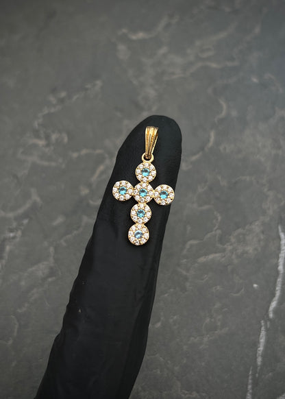 Dije cruz con swarovski azul y blanco 1.5gr / Largo 2.5cm / Oro Amarillo Nac M