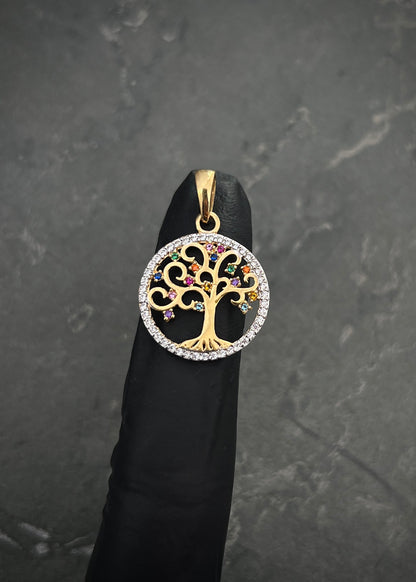 Dije arbol de la vida con swarovski multicolor 2.2gr / Largo 2.7cm / Oro Amarillo Nac B