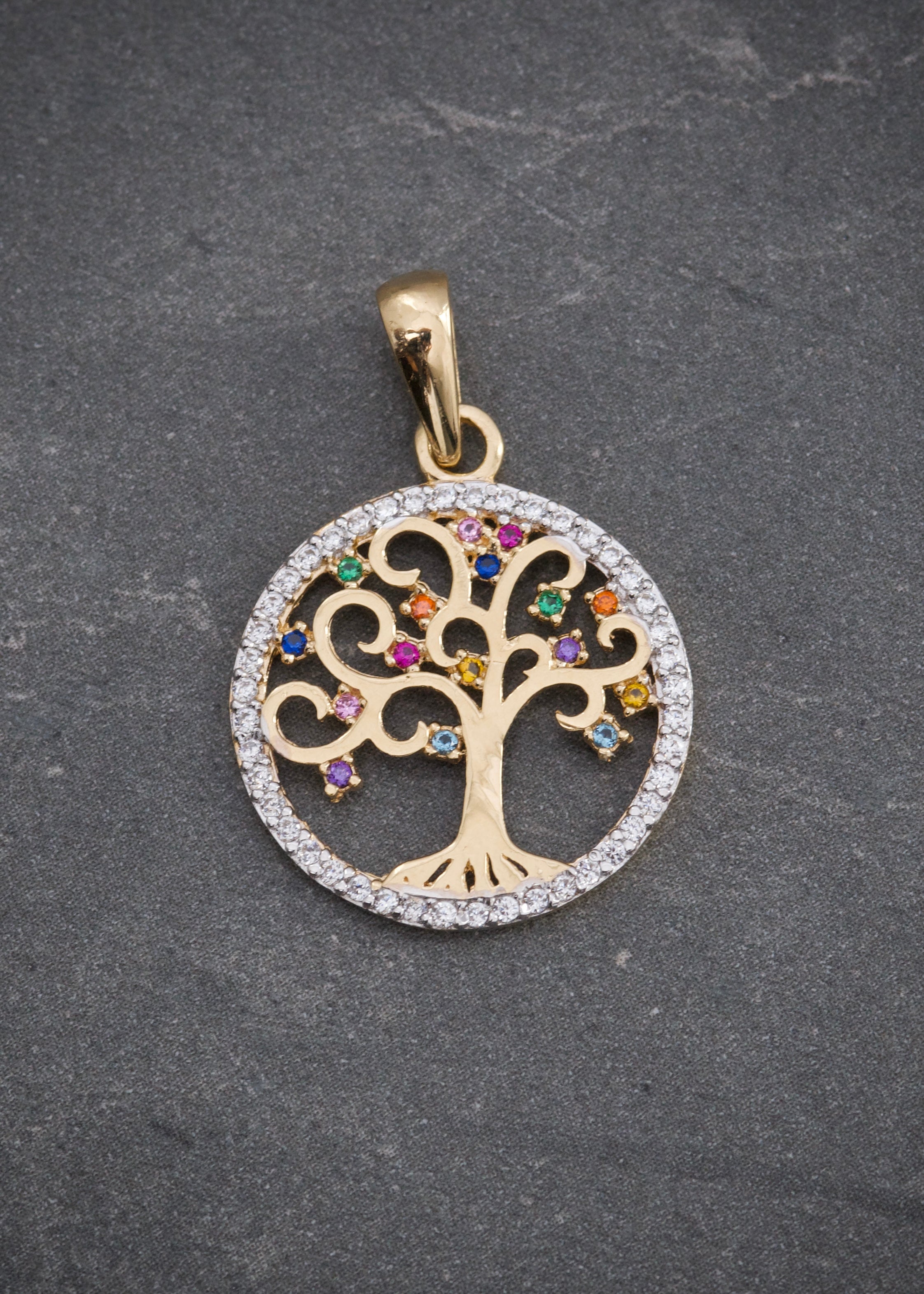 Dije arbol de la vida con swarovski multicolor 2.2gr / Largo 2.7cm / Oro Amarillo Nac B