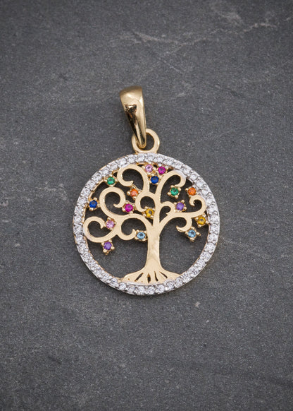 Dije arbol de la vida con swarovski multicolor 2.2gr / Largo 2.7cm / Oro Amarillo Nac B
