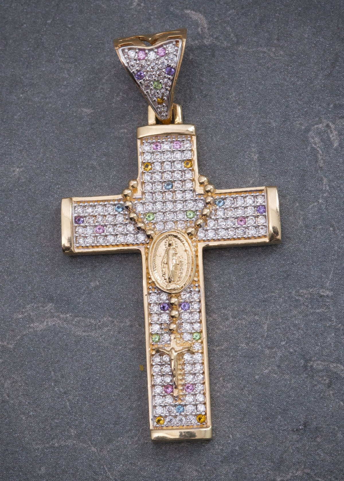 Dije Cruz con Virgen de la Milagrosa 7.2gr / 4.7cm / 25mm — Oro Amarillo