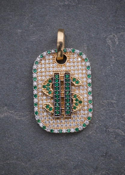 Dije Signo Peso con Swarovski Verde y Blanco 6.4gr / 3cm / 17mm — Oro Amarillo