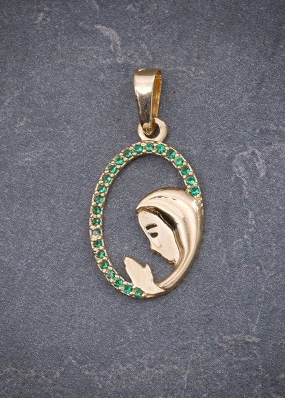 Dije Virgen Maria con Swarovski Verde 1.05gr / 2.4cm / 12mm — Oro Amarillo