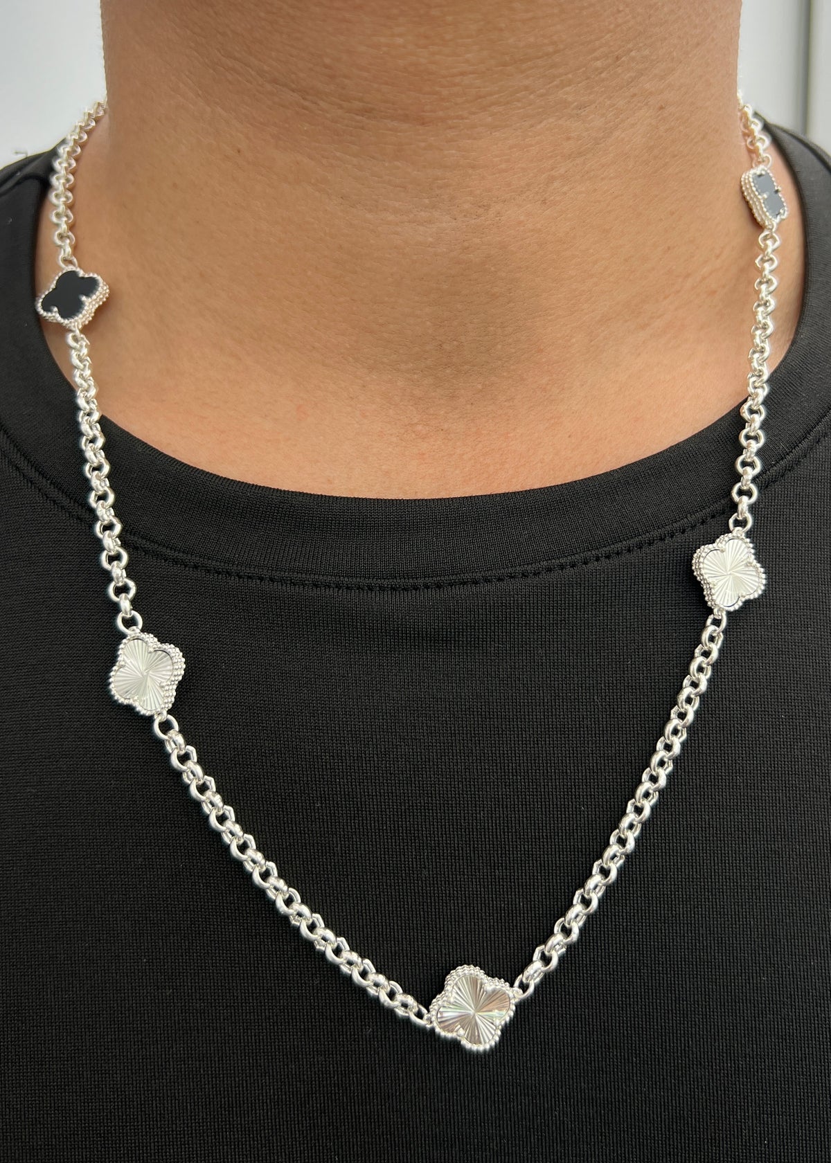 Cadena Lucky Clover Diamantada y Piedra Negra 16.85gr / 60cm / 14mm — Plata 925