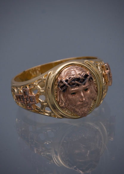 Anillo rostro de jesus con swarovski 8.6gr / TALLA 11 3/4 / Dos Oros Nac M