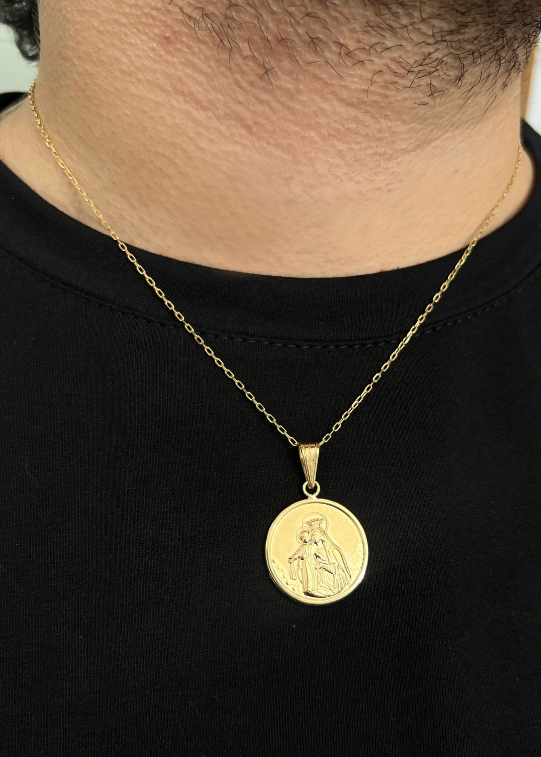 Dije corazon de jesus y virgen del carmen 3.5gr / Largo 3.8cm — Oro Amarillo