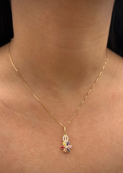 Dije flor con swarovski multicolor 1.4gr / Largo 2.3cm — Oro Amarillo