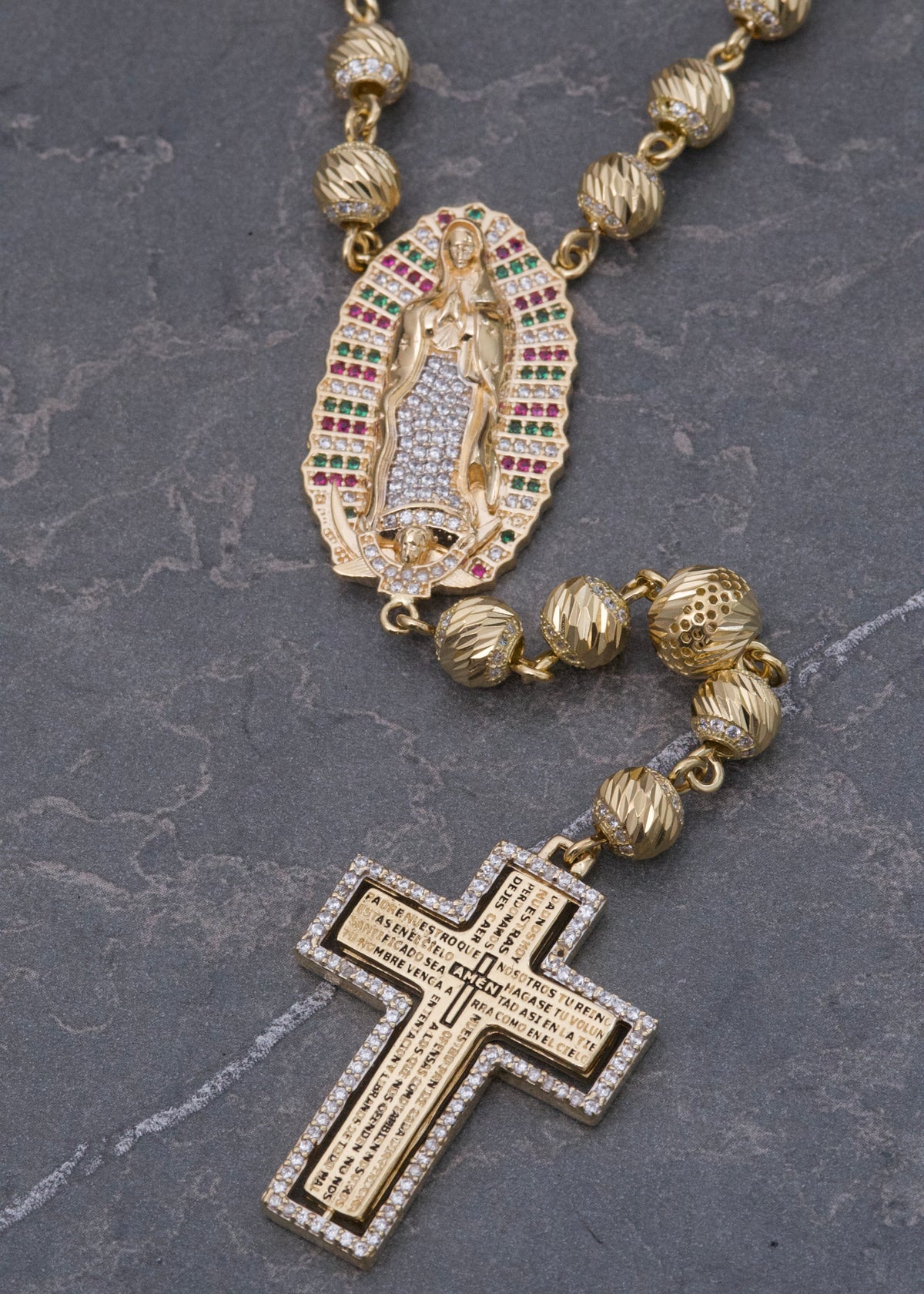 Rosario Virgen de Guadalupe Diamantado 70.6gr / 60cm / 7mm — Oro Amarillo