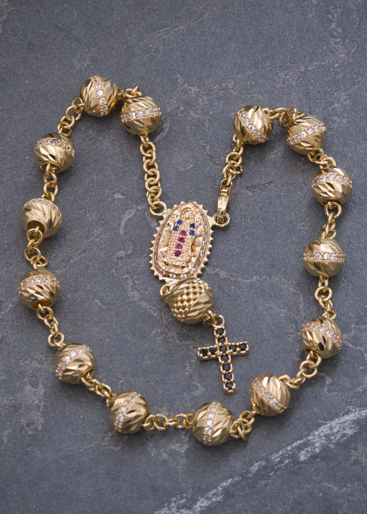 Tobillera Denario Virgen de Guadalupe con Swarovski 15.45gr / 23.5cm / 7mm — Oro Amarillo