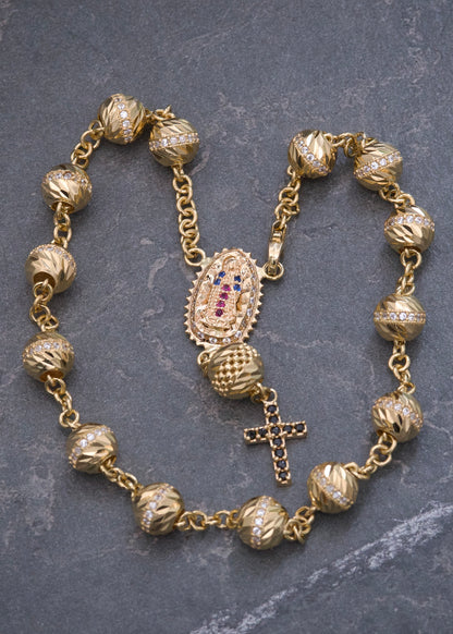 Tobillera Denario Virgen de Guadalupe con Swarovski 15.45gr / 23.5cm / 7mm — Oro Amarillo